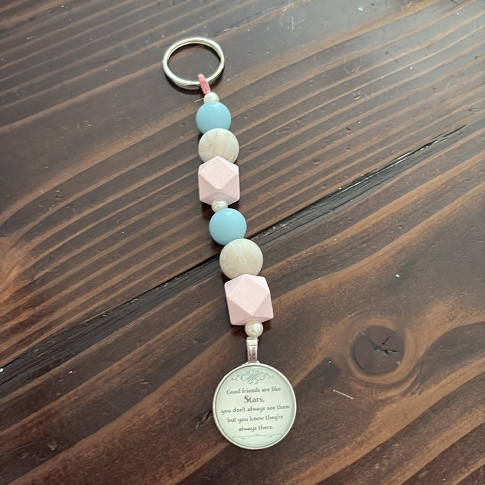 Beaded Friendship Keychain with Pink and Blue Accents